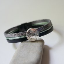 Bracelet multi-liens de cuir cabochon Lune étoiles argenté, vert et noir