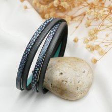 Bracelet cuir imprimé serpent bleu double tour à personnaliser
