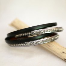 Bracelet double cuir en duo avec cuir gris aux billes argentés personnalisable