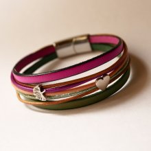 Bracelet manchette multi-cordons cuirs fuchsia aux 2 passants argentés