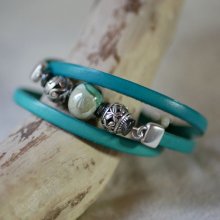 Bracelet femme cuir et perles Vert turquoise triple tours à personnaliser 