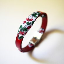 Bracelet Florâme au ruban Fruits Cerises  sur cuir rouge