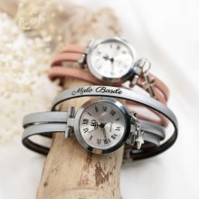 Montre à personnaliser au bracelet cuir 3 tours cuir cadran argenté avec pendentif 