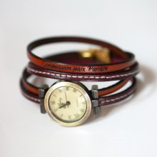 Montre bracelet double tour et duo de cuirs marron à surpiqûres à personnaliser